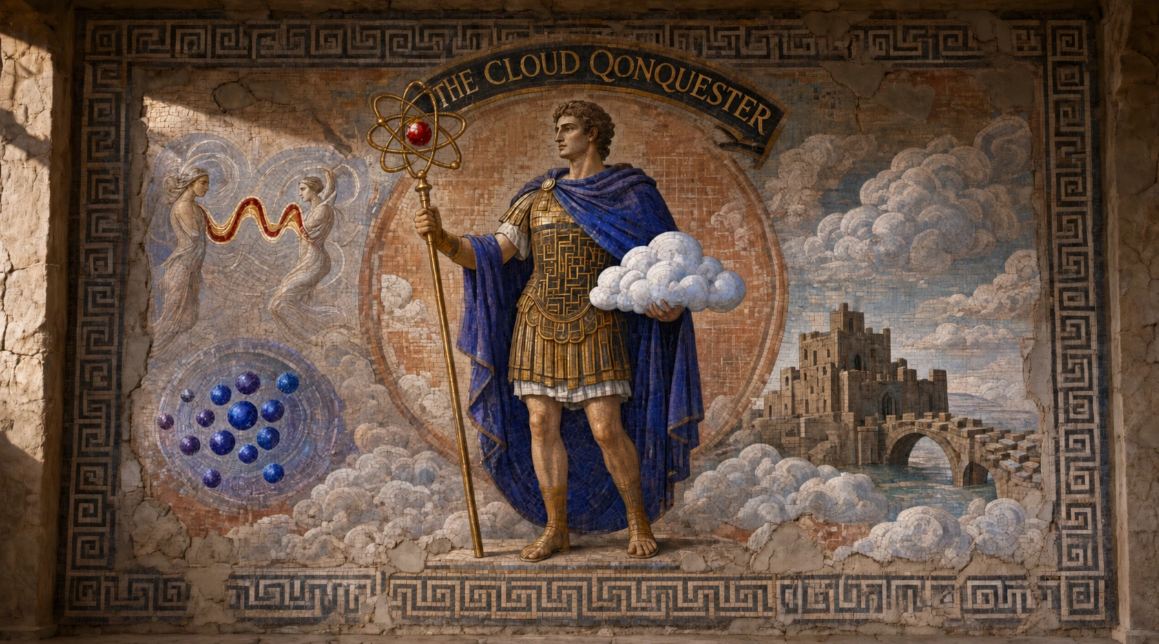 An ancient mosaic figure holds a cloud and an atomic staff, surrounded by waves, particles, and a distant city.