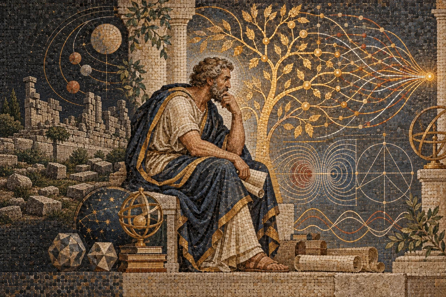 A seated philosopher in an ancient mosaic considers a branching tree and connected golden paths converging on a single point.