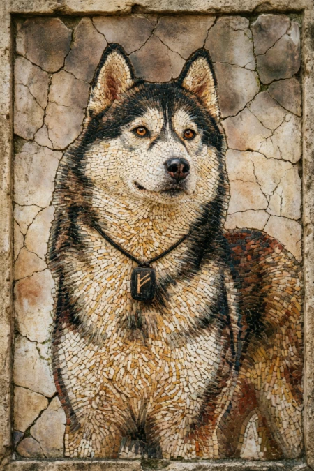Ancient mosaic of a watchful husky wearing a collar with the Fehu rune.